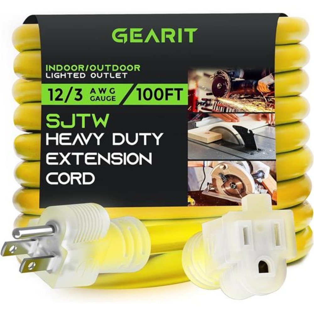 12/3 Outdoor Extension Cord (100 Ft) 12 AWG Gauge - 3 Prong Plug -  Heavy Duty